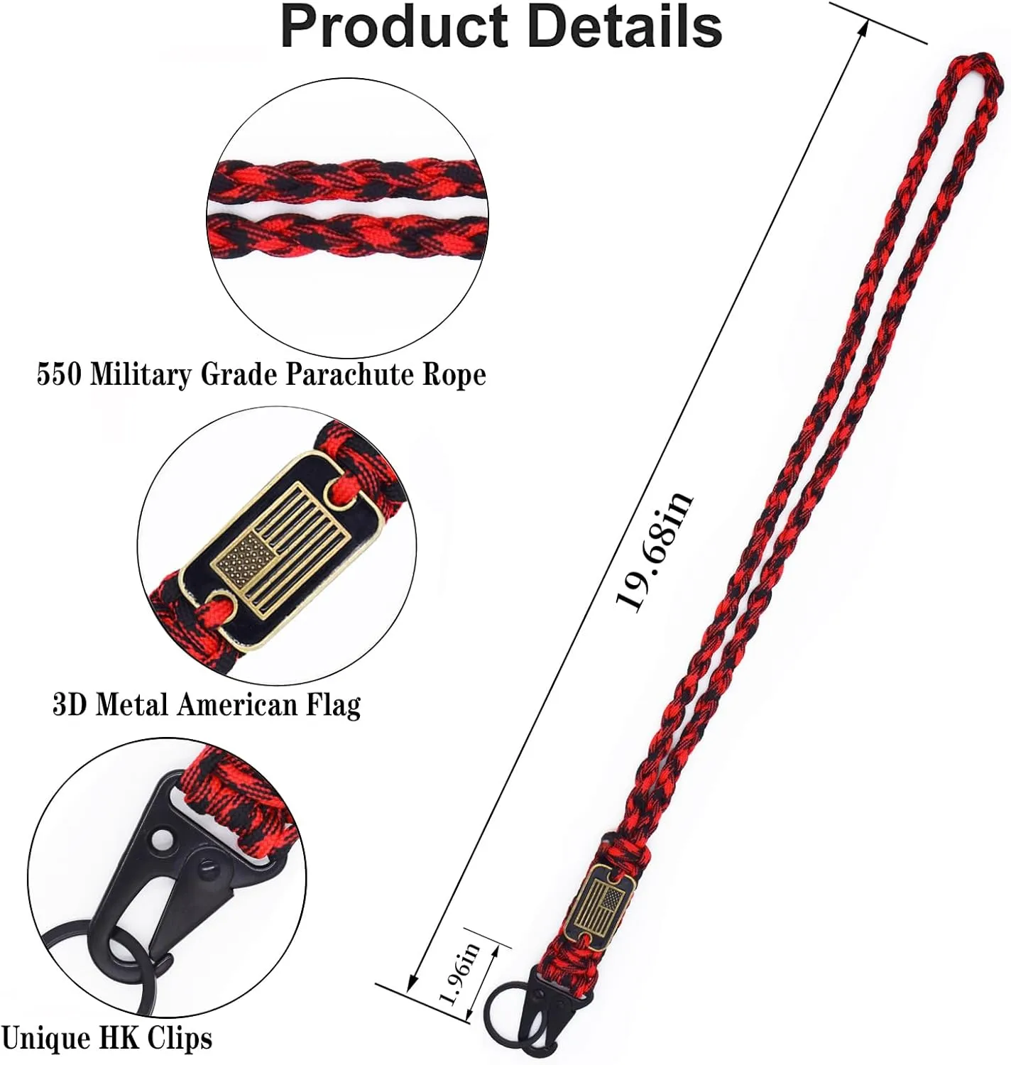 2 Pcs Heavy Duty Paracord Lanyard Necklace, 550 Braided Keychain Lanyard Strap with USA Flag, Parachute Rope Necklace Keychains, Braided Strong Keychains for Outdoor Activities, Camera, Keys