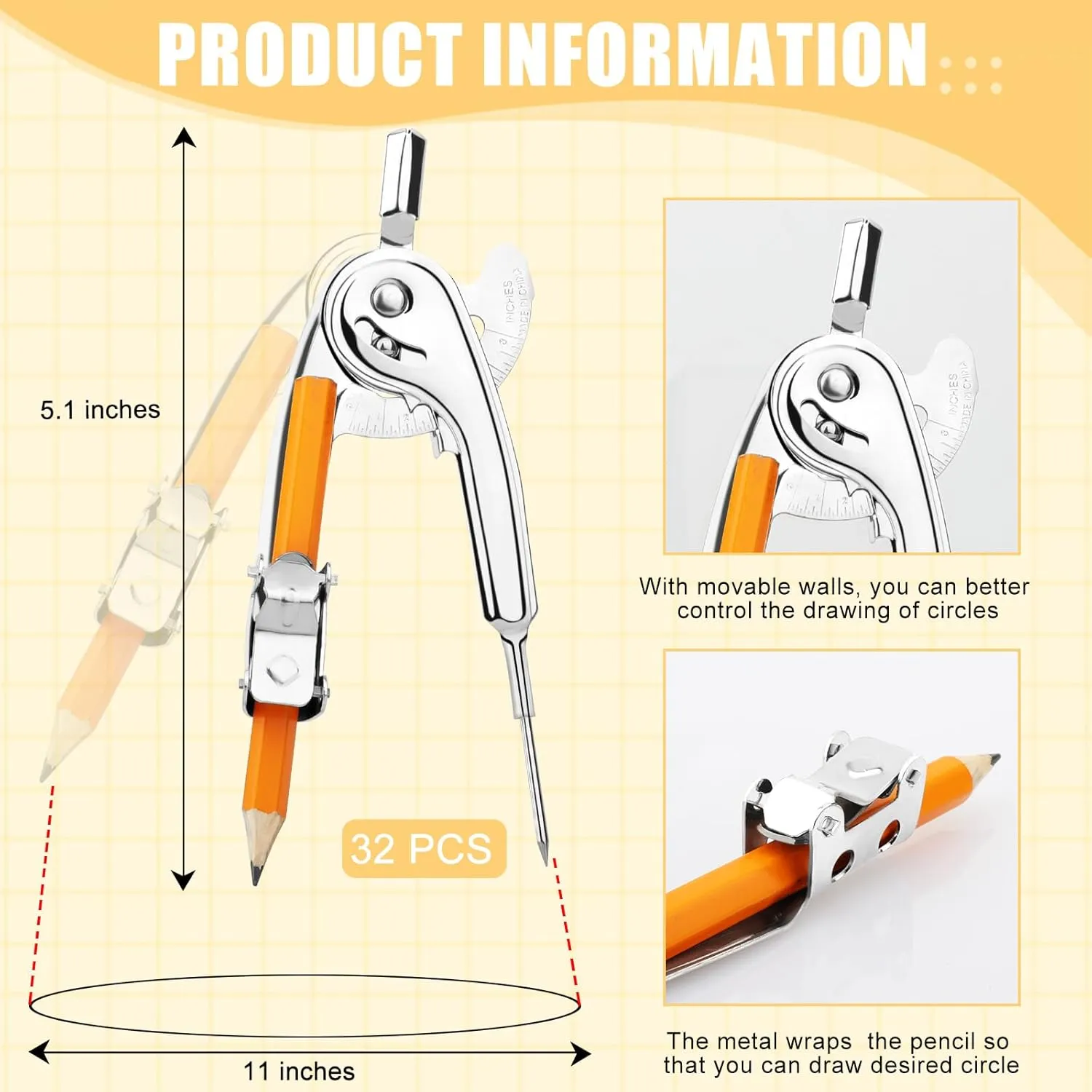 32 Pieces Compass for Geometry with Pencil, Metal Geometry Drawing Tool 6 Inch Silver Compass for Math Student Classroom School Office Woodworking Art Drawing