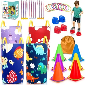 37PCS Outdoor Carnival Games Combo Set for Kids, Potato Sack Race Bags, Balancing Stilts, Plastic Cones Bean Bags Ring Toss, Field Day Family Reunion Yard Lawn, Birthday Party Easter, Spring Fall Game