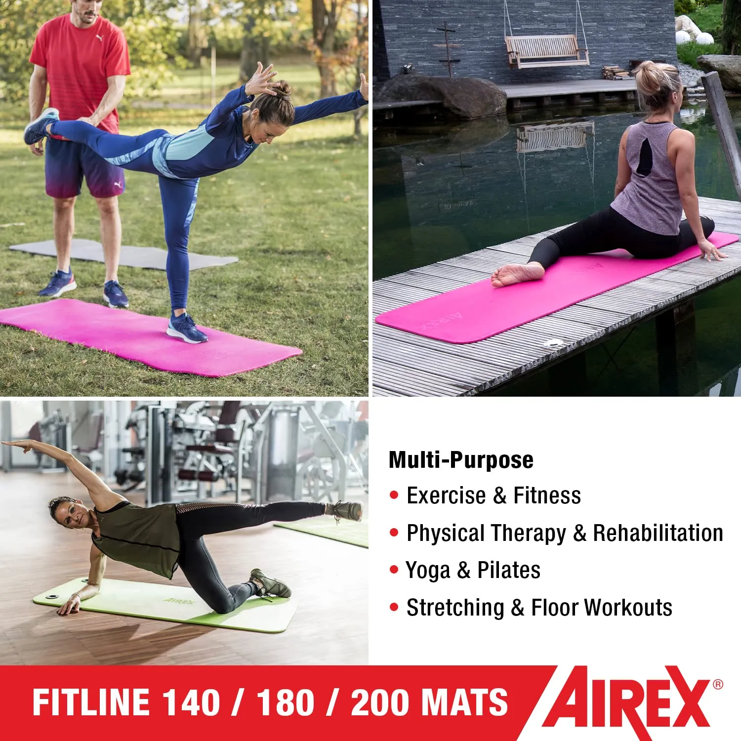 AIREX Fitline 140 Premium Exercise Mat - Home Workout Mat for Rehabilitation, Strength Training, Water Aerobics, Exercise, Fitness, Home Workouts 56" x 23", Lime, Without Hanging Grommets