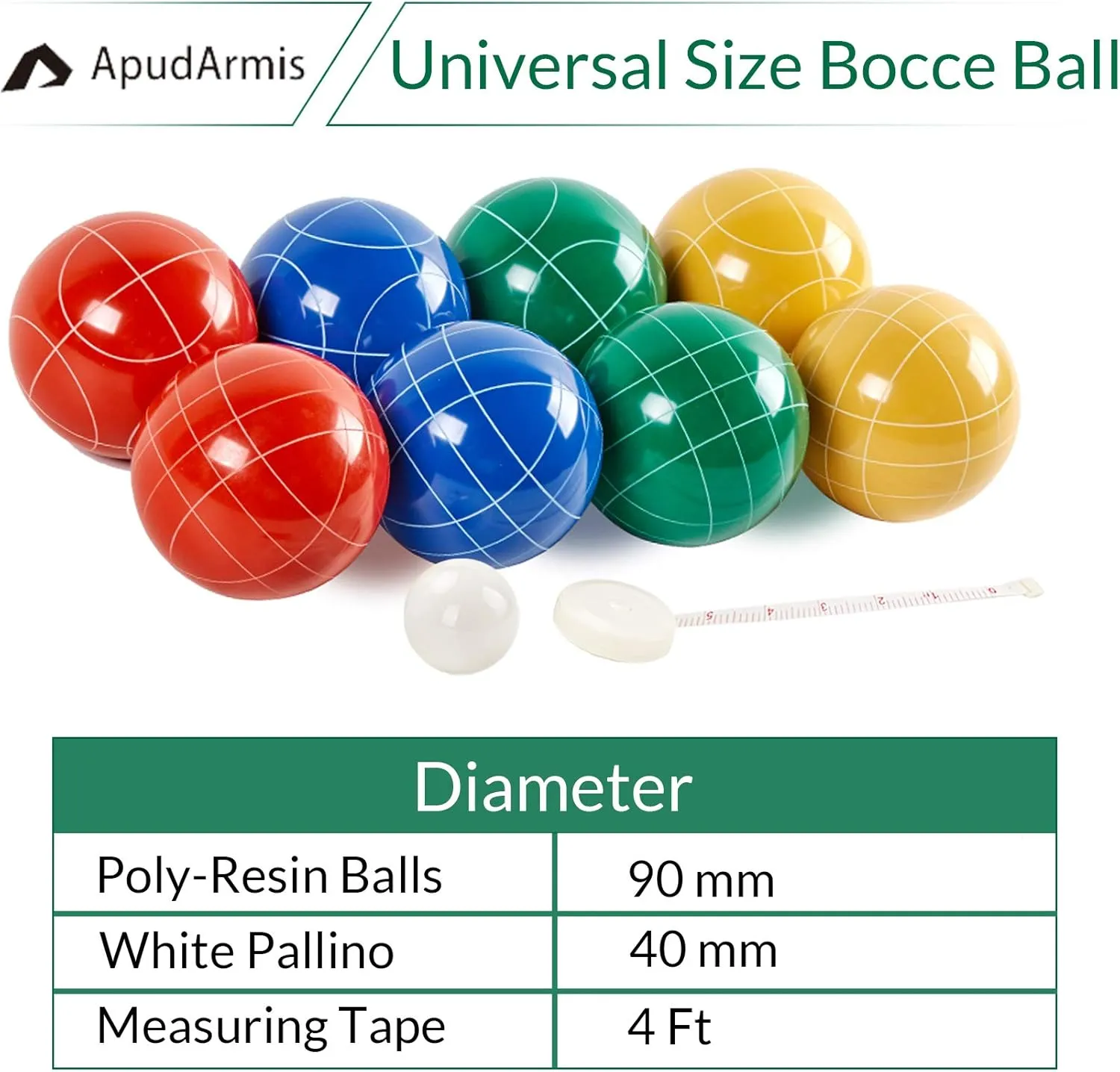 ApudArmis Bocce Balls Set, Outdoor Family Bocce Game for Backyard/Lawn/Beach - Set of 8 Poly-Resin Balls & 1 Pallino & Nylon Carrying Case & Measuring Rope (90mm)