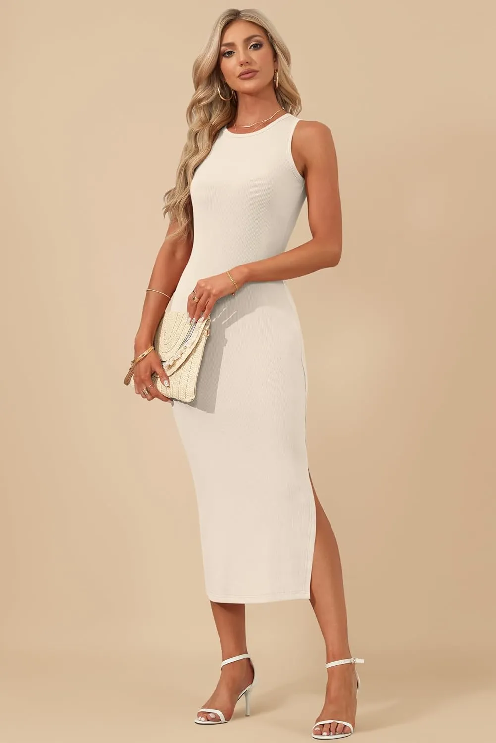 AUSELILY Womens Summer Bodycon Dresses 2025 Basic Casual Sleeveless Knit Tank Midi Dress