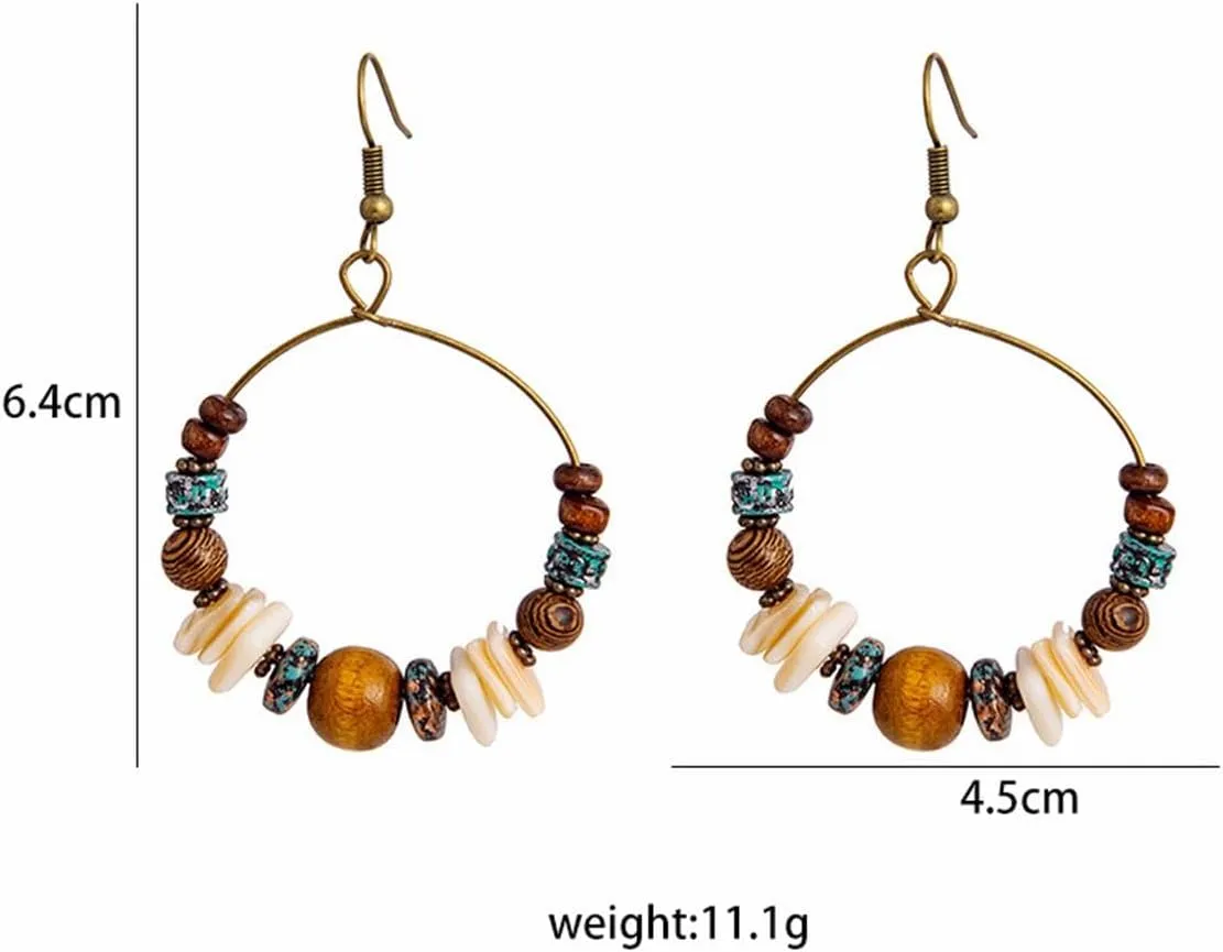 Boho Beaded Hoop Earrings for Women Vintage Wood Beads Shell Turquoise Dangle Earrings Ethnic Tassel Charms Drop Earrings Statement Jewelry Gifts