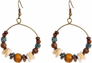 Boho Beaded Hoop Earrings for Women Vintage Wood Beads Shell Turquoise Dangle Earrings Ethnic Tassel Charms Drop Earrings Statement Jewelry Gifts