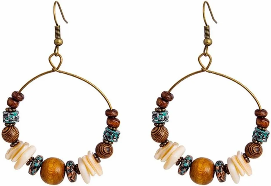 Boho Beaded Hoop Earrings for Women Vintage Wood Beads Shell Turquoise Dangle Earrings Ethnic Tassel Charms Drop Earrings Statement Jewelry Gifts
