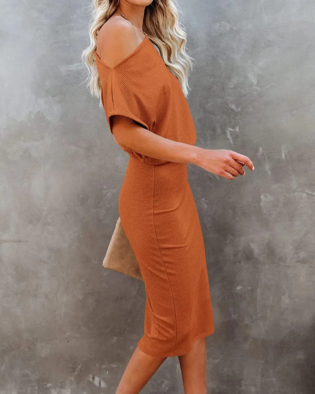 Ezbelle Women's 2025 Summer Dress Off The Shoulder Short Sleeve Ribbed Casual Party Bodycon Midi Dresses