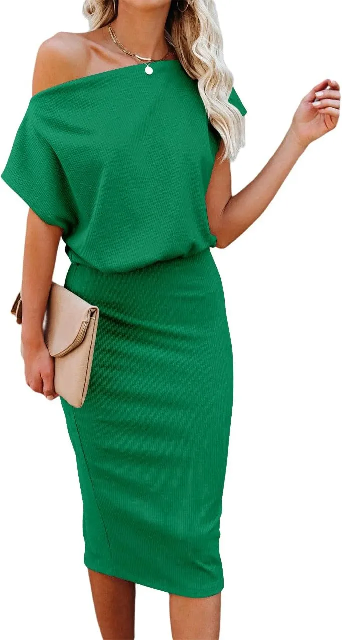 Ezbelle Women's 2025 Summer Dress Off The Shoulder Short Sleeve Ribbed Casual Party Bodycon Midi Dresses