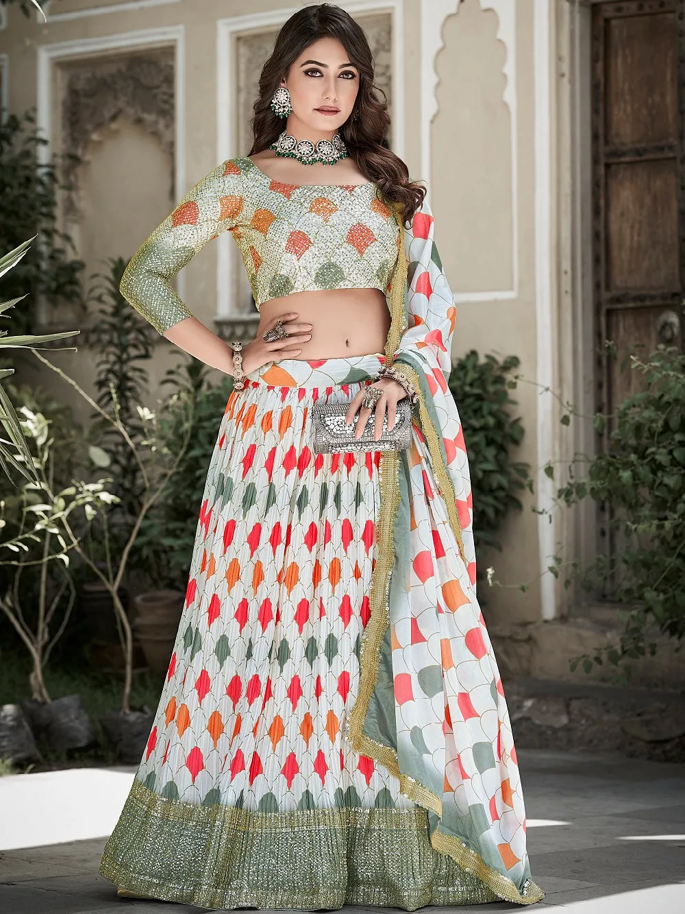 Green Color Digital Printed And Sequins Embroidery Work Crushed Chinon Lehenga Choli