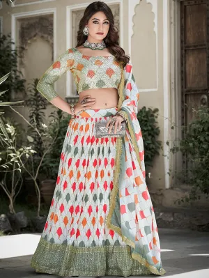 Green Color Digital Printed And Sequins Embroidery Work Crushed Chinon Lehenga Choli