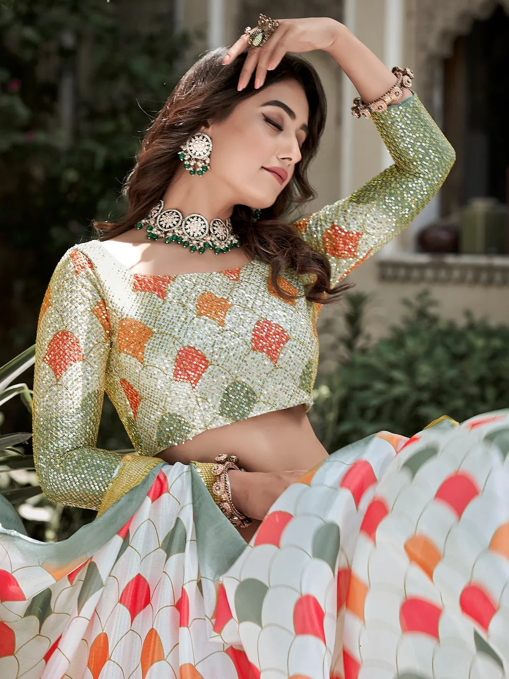 Green Color Digital Printed And Sequins Embroidery Work Crushed Chinon Lehenga Choli