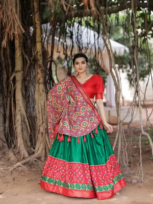 Green Color Printed With Foil Work Dola Silk Lehenga Choli