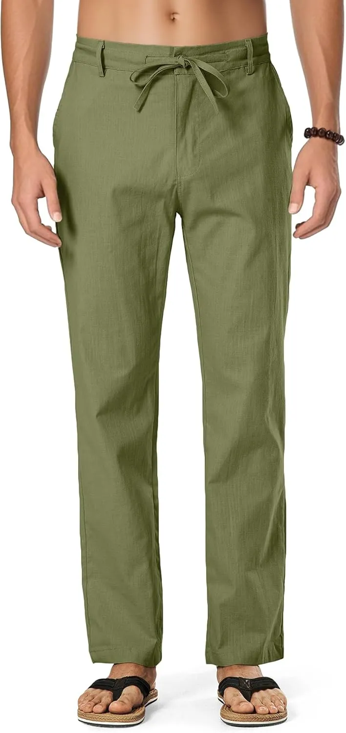 HOTake Men's Linen Dress Pants Casual Flat Front Linen Trousers Summer Beach Pants