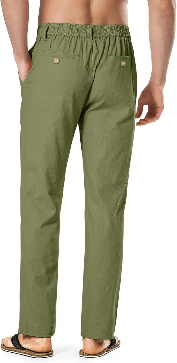 HOTake Men's Linen Dress Pants Casual Flat Front Linen Trousers Summer Beach Pants