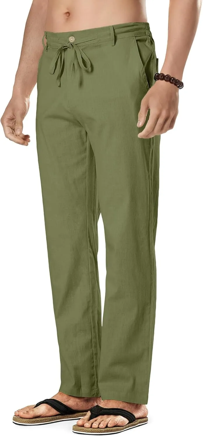 HOTake Men's Linen Dress Pants Casual Flat Front Linen Trousers Summer Beach Pants