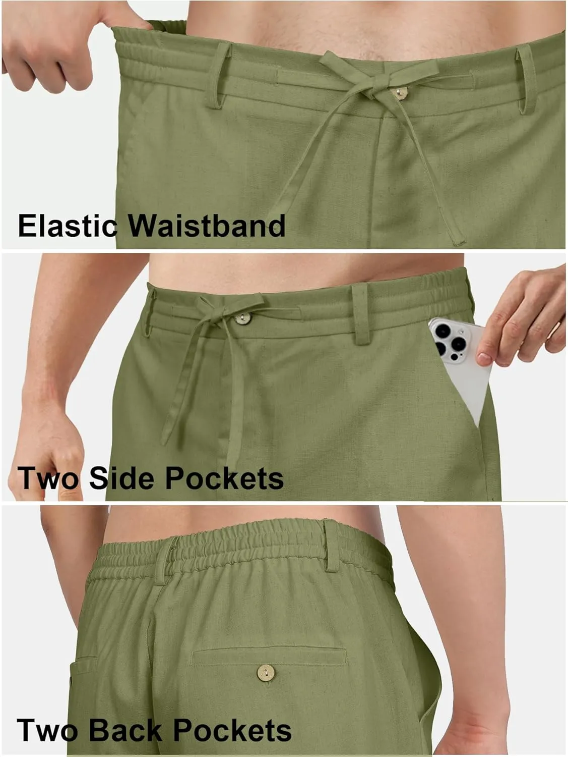 HOTake Men's Linen Dress Pants Casual Flat Front Linen Trousers Summer Beach Pants