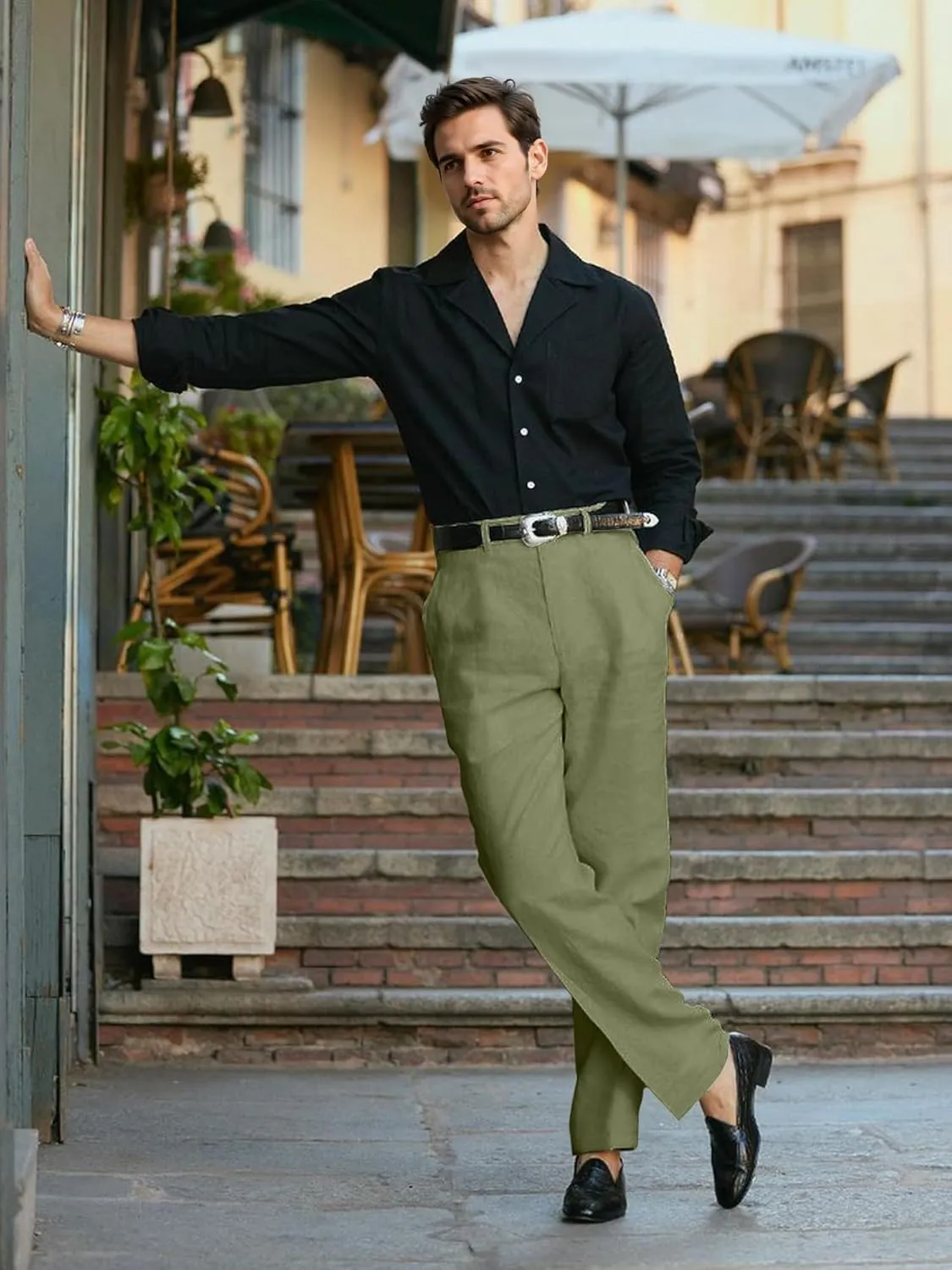 HOTake Men's Linen Dress Pants Casual Flat Front Linen Trousers Summer Beach Pants
