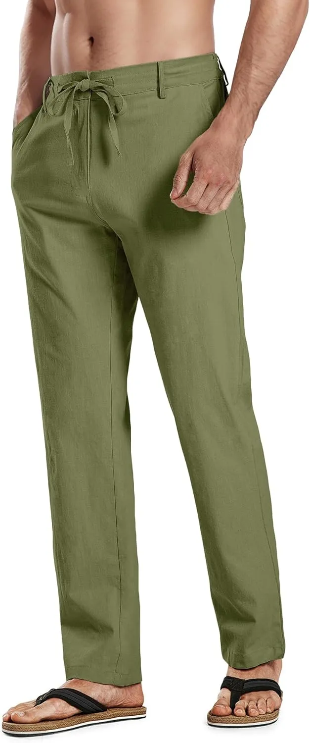 HOTake Men's Linen Dress Pants Casual Flat Front Linen Trousers Summer Beach Pants