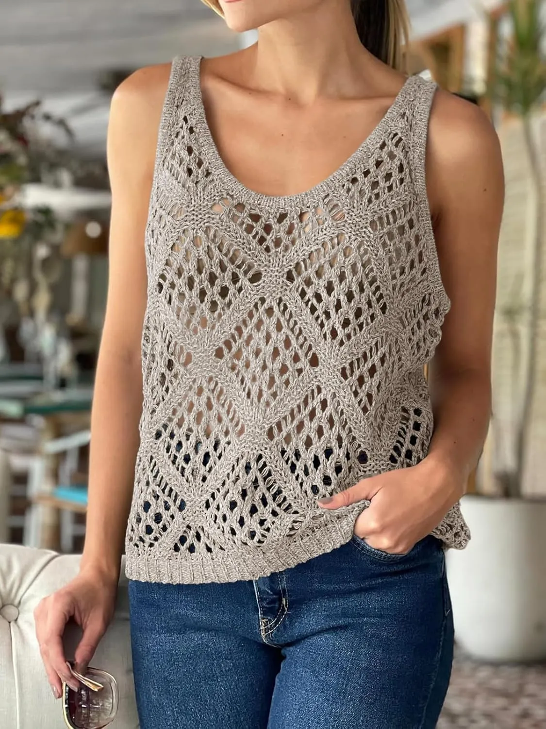 Imily Bela Womens Summer Crochet Tank Tops Knit Sleeveless Scoop Neck Sweater Vest Boho Hollow Out Cover Ups