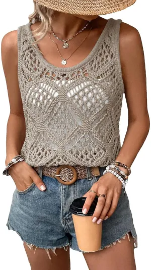 Imily Bela Womens Summer Crochet Tank Tops Knit Sleeveless Scoop Neck Sweater Vest Boho Hollow Out Cover Ups