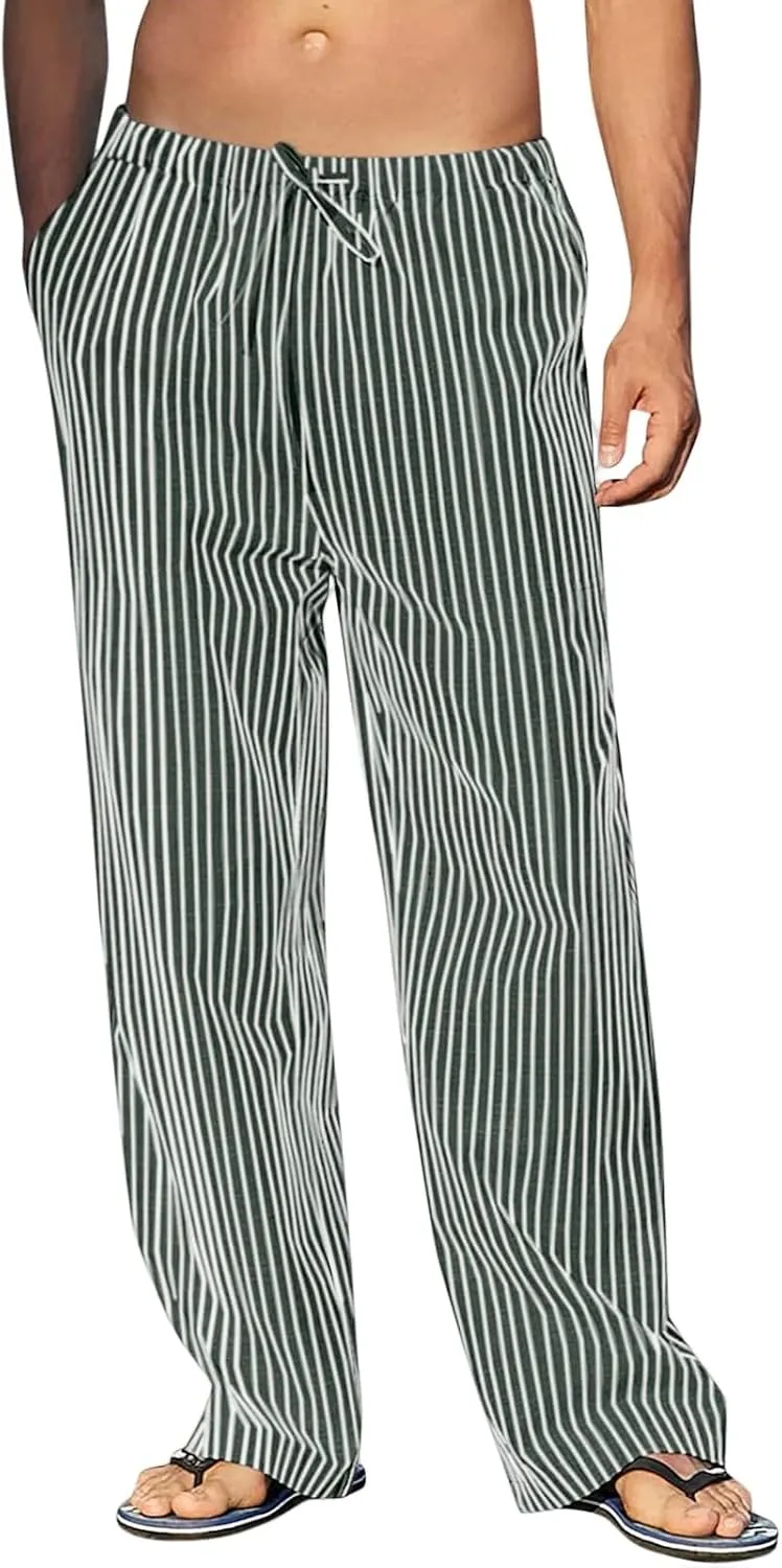 Mens Casual Linen Elastic Waist Drawstring Lightweight Loose Fit with Pockets Summer Beach Yoga Trouser Pants