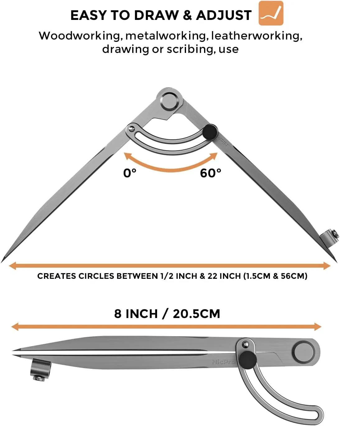 Nicpro 8 Inch Compass for Woodworking with Wing and Pencil Holder, Professional Carpenter Pencil Compass Great for Geometry, Drawing, Drafting