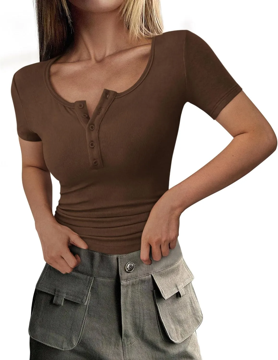 PRETTYGARDEN Women's 2025 Spring Summer Short Sleeve Tops Ribbed Henley Button Slim Fit Basic Casual T Shirts Blouse Clothing