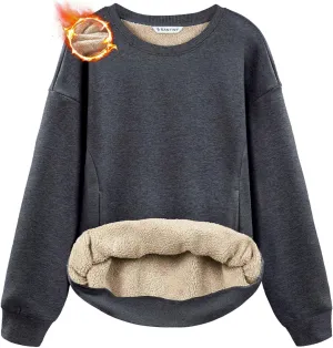 SANTINY Women's Fleece Sherpa Lined Sweatshirt Warm Winter Pullover Sweaters Cozy Thick Crewneck Sweatshirts with Pockets