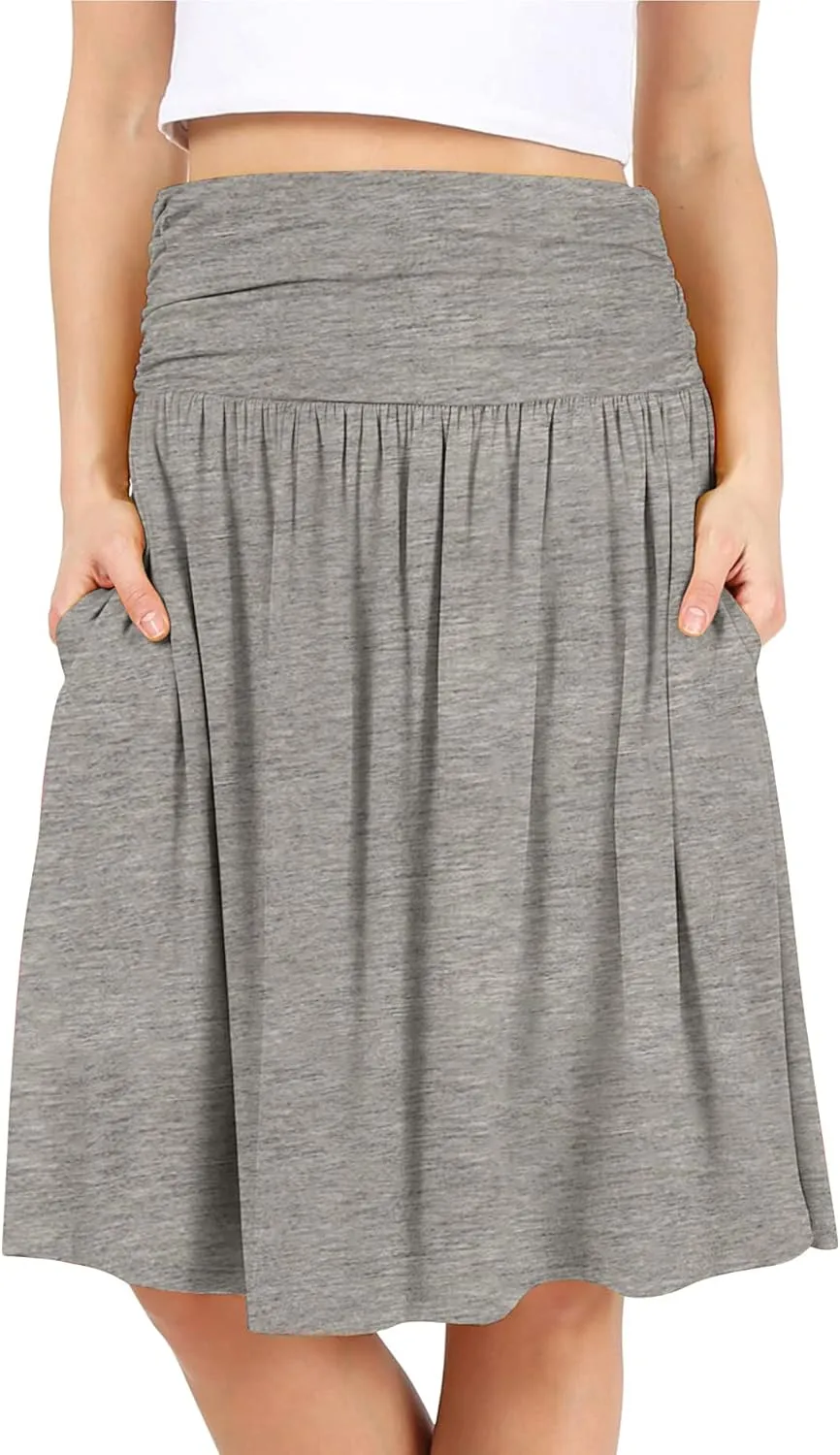 Simlu Skirts for Women Regular and Plus Size Skirt with Pockets Below The Knee Length Ruched Flowy Midi Skirt