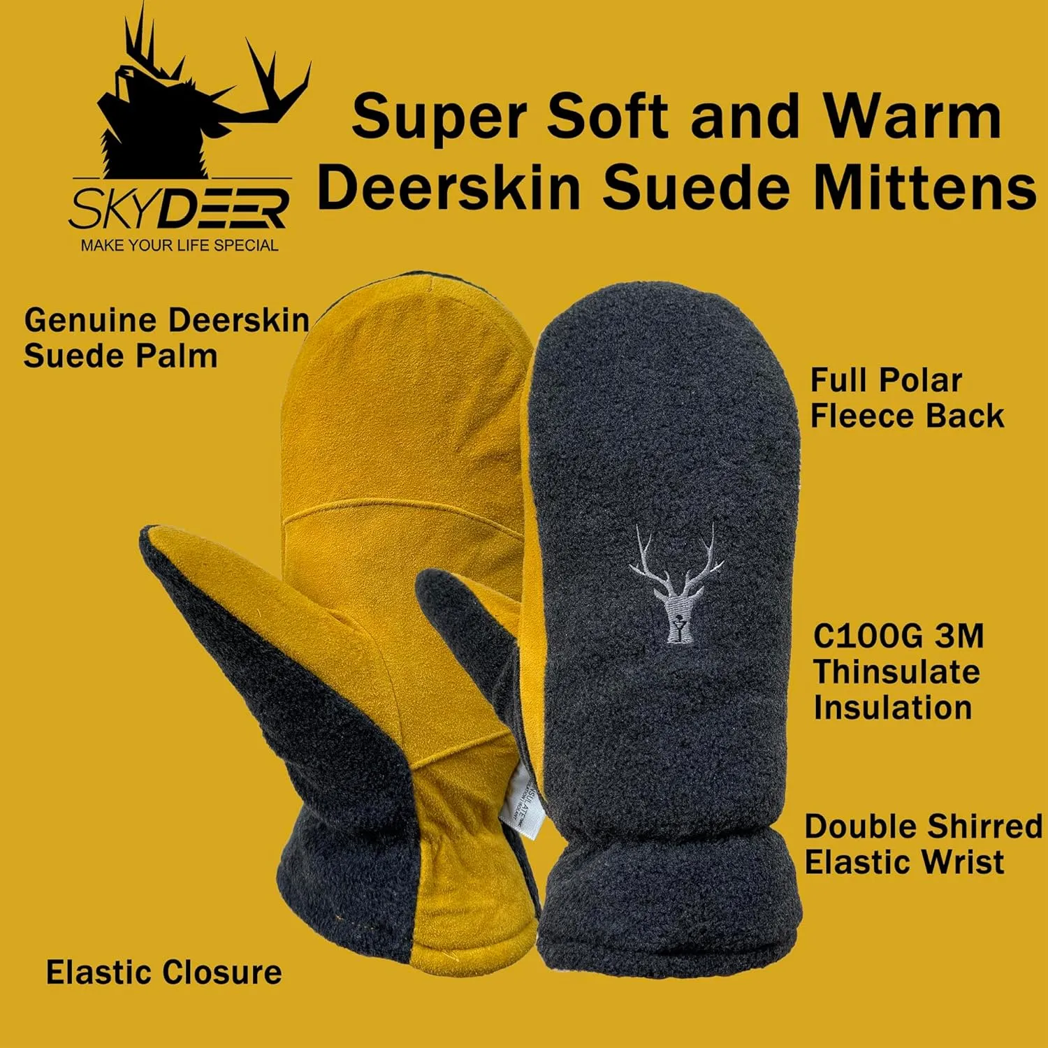 SKYDEER Upgraded Winter Mittens with Soft Deerskin Suede Leather & Thermal Polar Fleece & Warm C100G 3M Thinsulate Insulation
