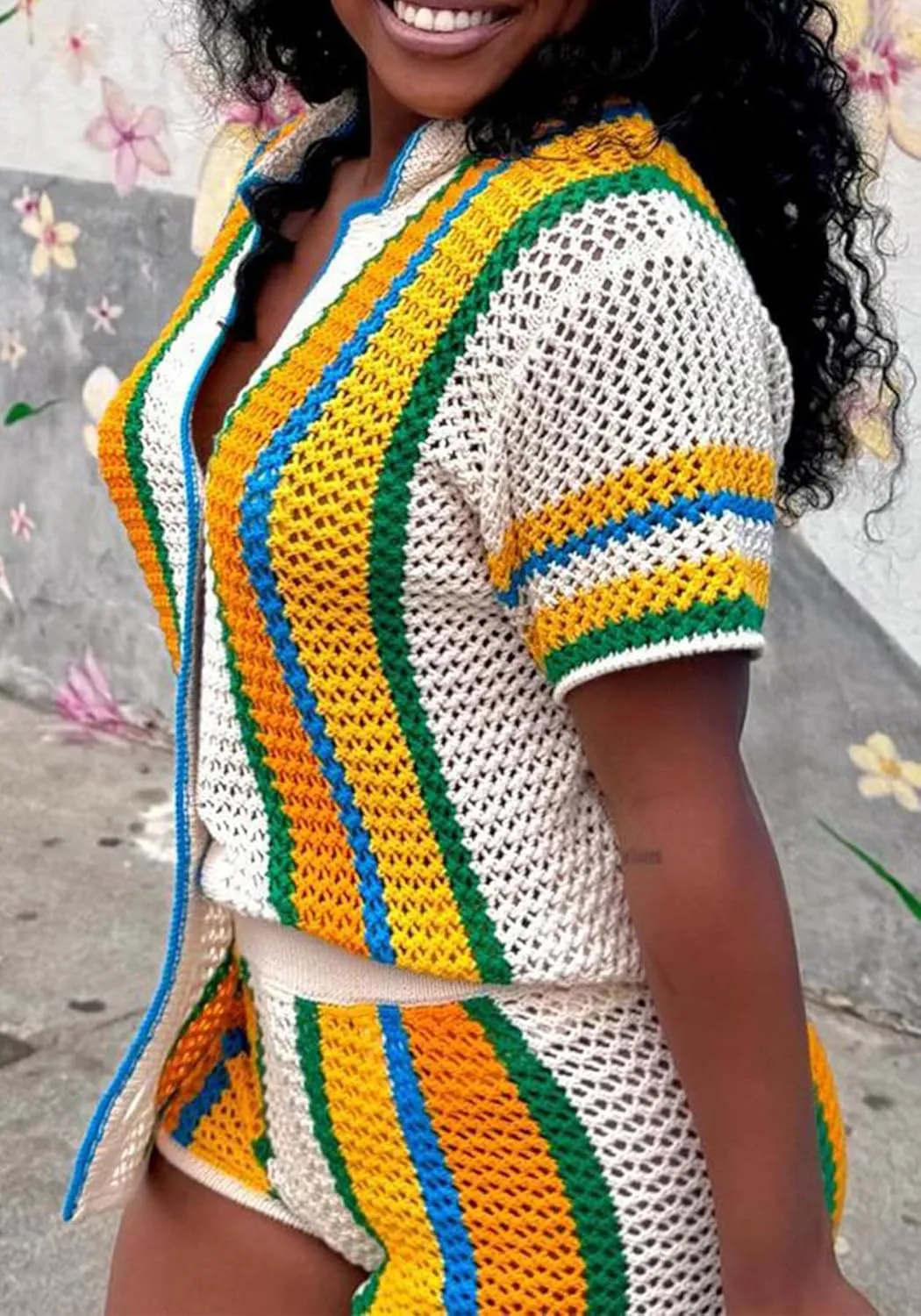 Summer 2 Piece Short Sets For Women Crochet Short Sleeve Shirt and Shorts Matching Set Vacation