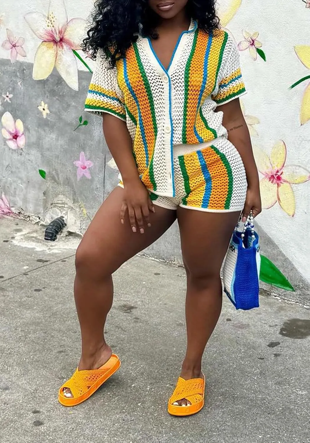 Summer 2 Piece Short Sets For Women Crochet Short Sleeve Shirt and Shorts Matching Set Vacation