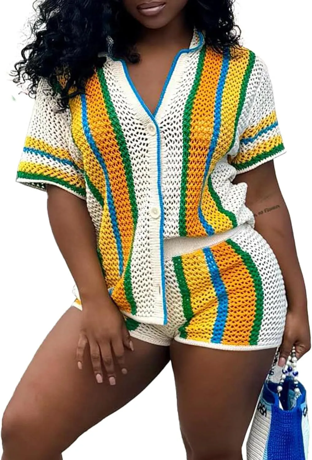 Summer 2 Piece Short Sets For Women Crochet Short Sleeve Shirt and Shorts Matching Set Vacation