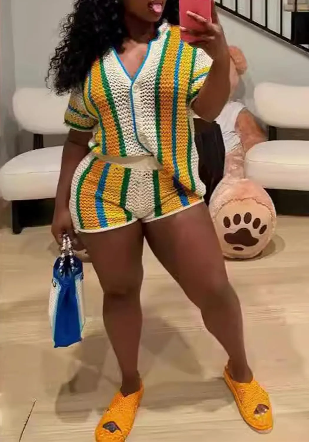 Summer 2 Piece Short Sets For Women Crochet Short Sleeve Shirt and Shorts Matching Set Vacation