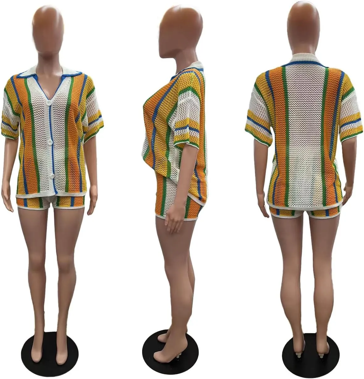 Summer 2 Piece Short Sets For Women Crochet Short Sleeve Shirt and Shorts Matching Set Vacation