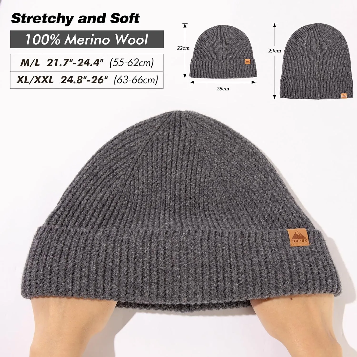 TOP-EX XL/XXL 100% Merino Wool Cuffed Beanie Hat for Men & Women, Warm Knitted Winter Hats 55-66CM