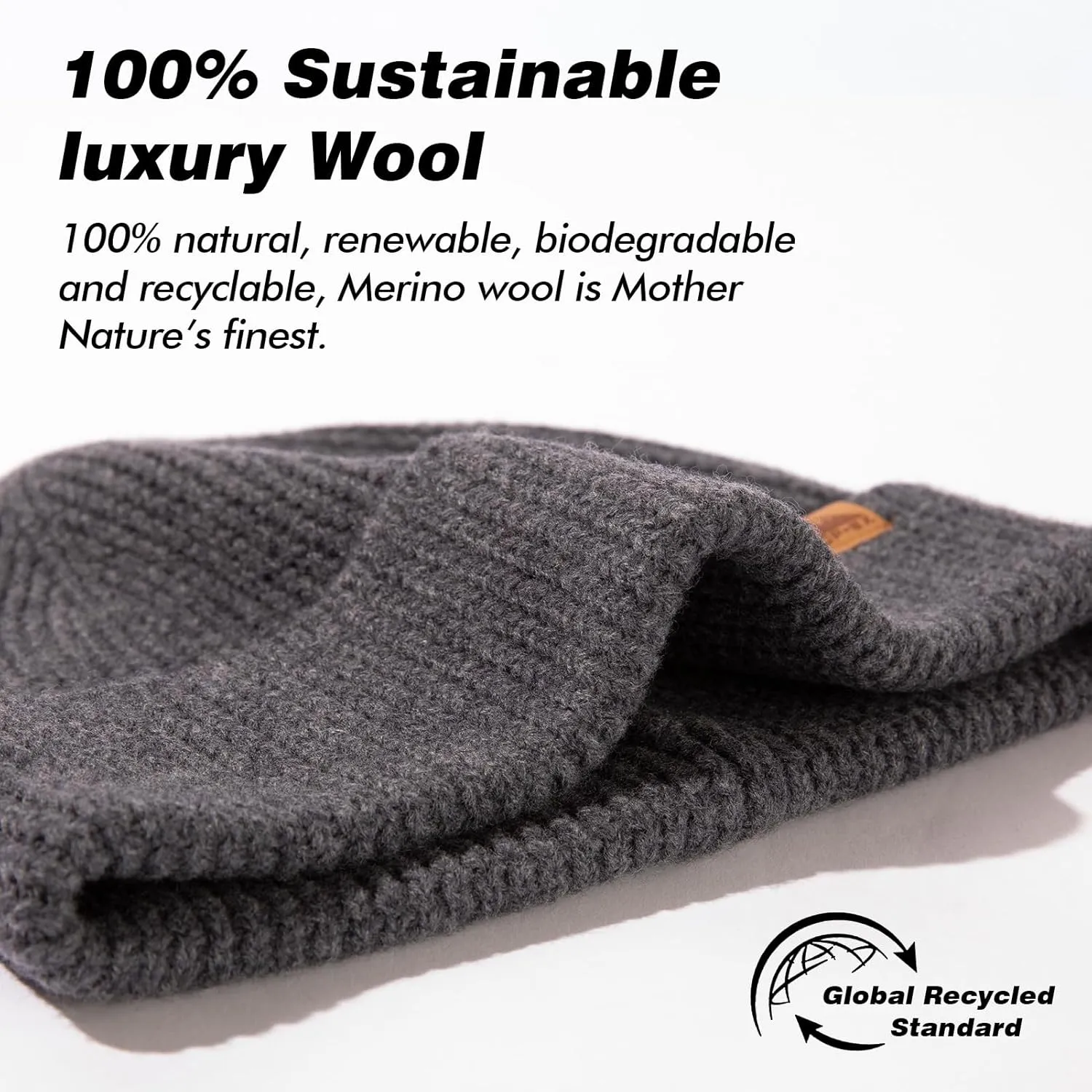 TOP-EX XL/XXL 100% Merino Wool Cuffed Beanie Hat for Men & Women, Warm Knitted Winter Hats 55-66CM