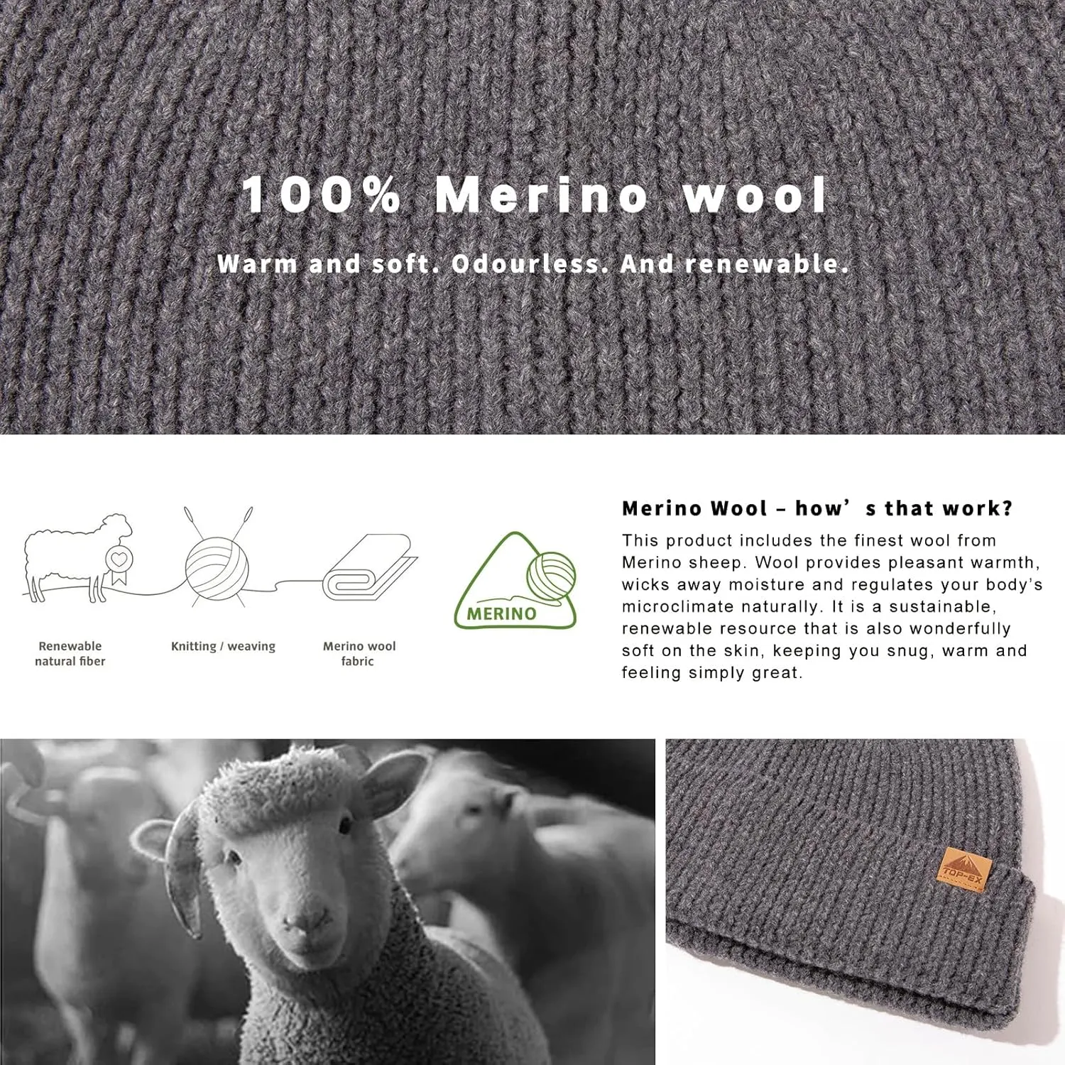 TOP-EX XL/XXL 100% Merino Wool Cuffed Beanie Hat for Men & Women, Warm Knitted Winter Hats 55-66CM