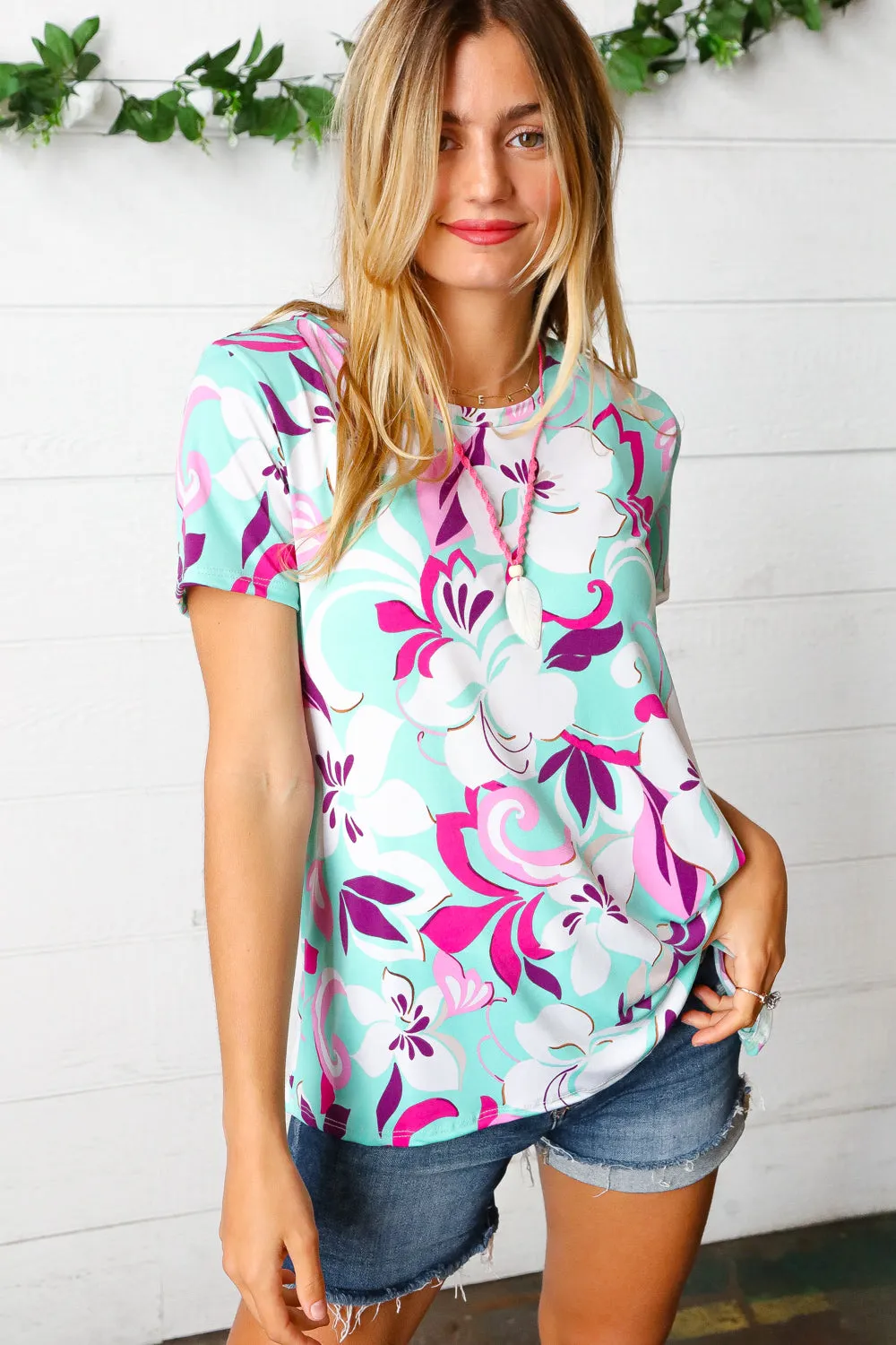Turquoise & Purple Floral Print Top