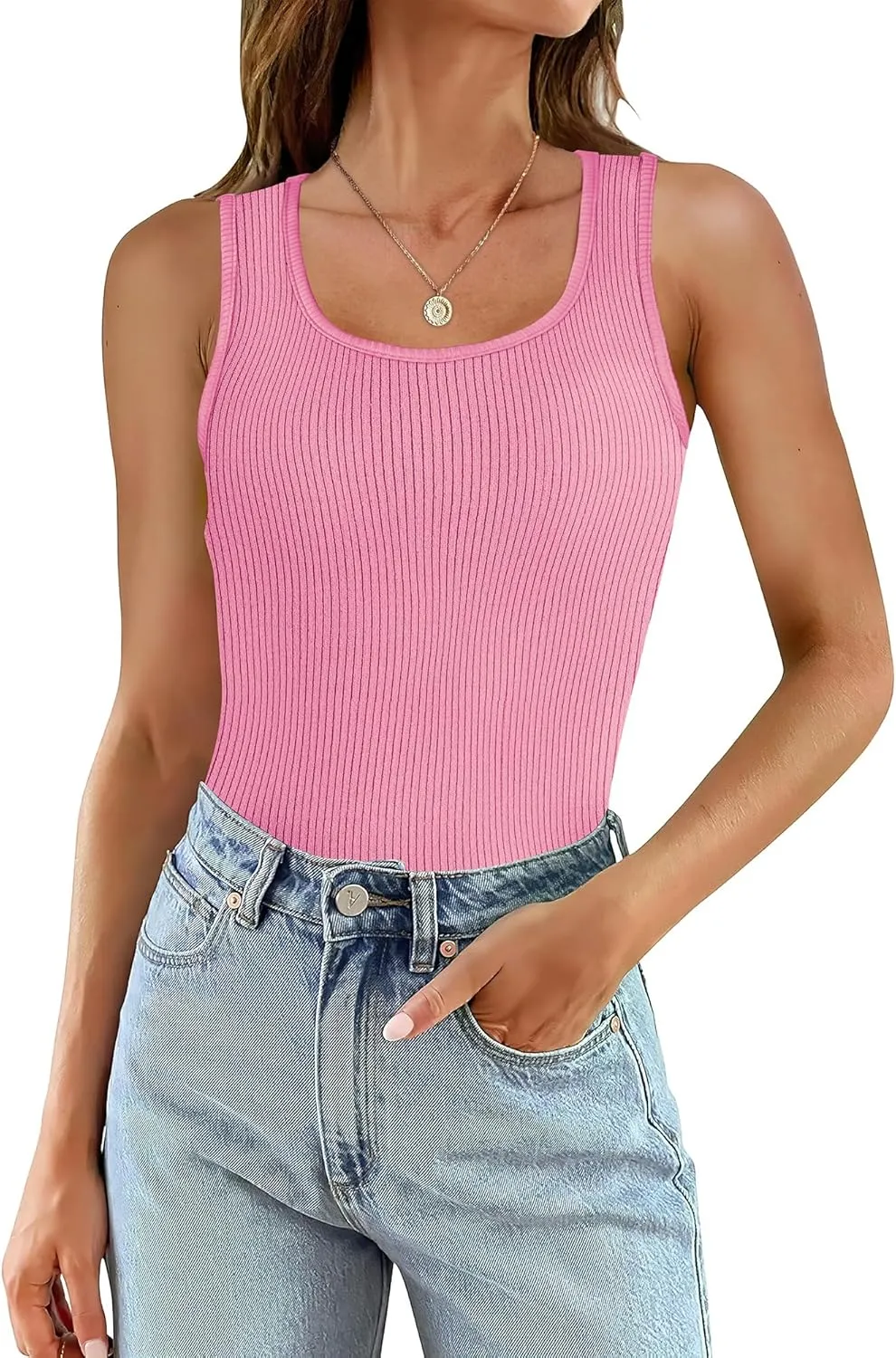 WIHOLL Womens Ribbed Tank Tops 2025 Summer Scoop Neck Slim Fitted Tops Casual Basic Knit Sleeveless Shirts