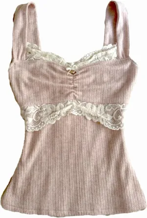 Women Y2K Vintage Lace Trim Cami Top 2000s Aesthetic Slim Fit Milkmaid Vest Cottage Crop Tank Top Coquette Clothes
