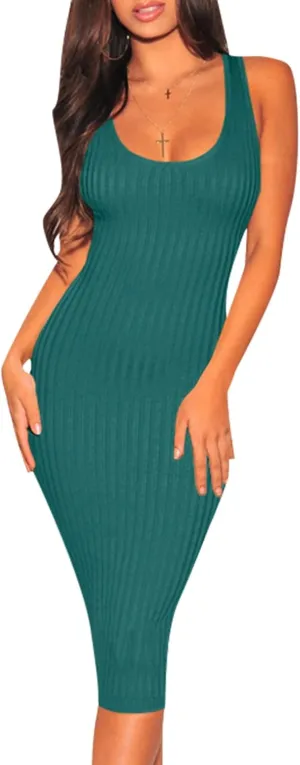 Women's Sexy Bodycon Tank Dresses Sleeveless Ribbed Knit Midi Club Dresses