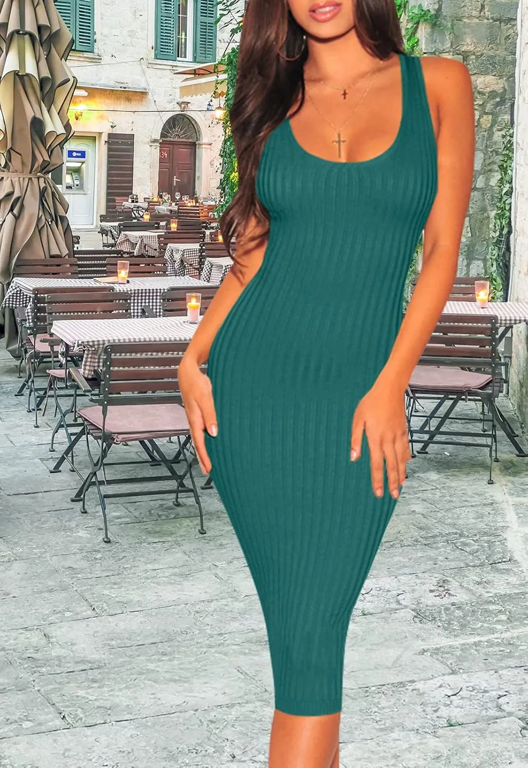 Women's Sexy Bodycon Tank Dresses Sleeveless Ribbed Knit Midi Club Dresses