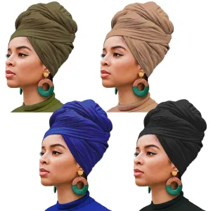XTREND 4 Pieces Head Wrap Stretch Jersey Turban Bohemian Style Solid Color Extra Long Hair Scarf Soft Breathable African Knit Head Scarves Turban Tie for Women (Black, Camel, Army Green, Royal Blue)