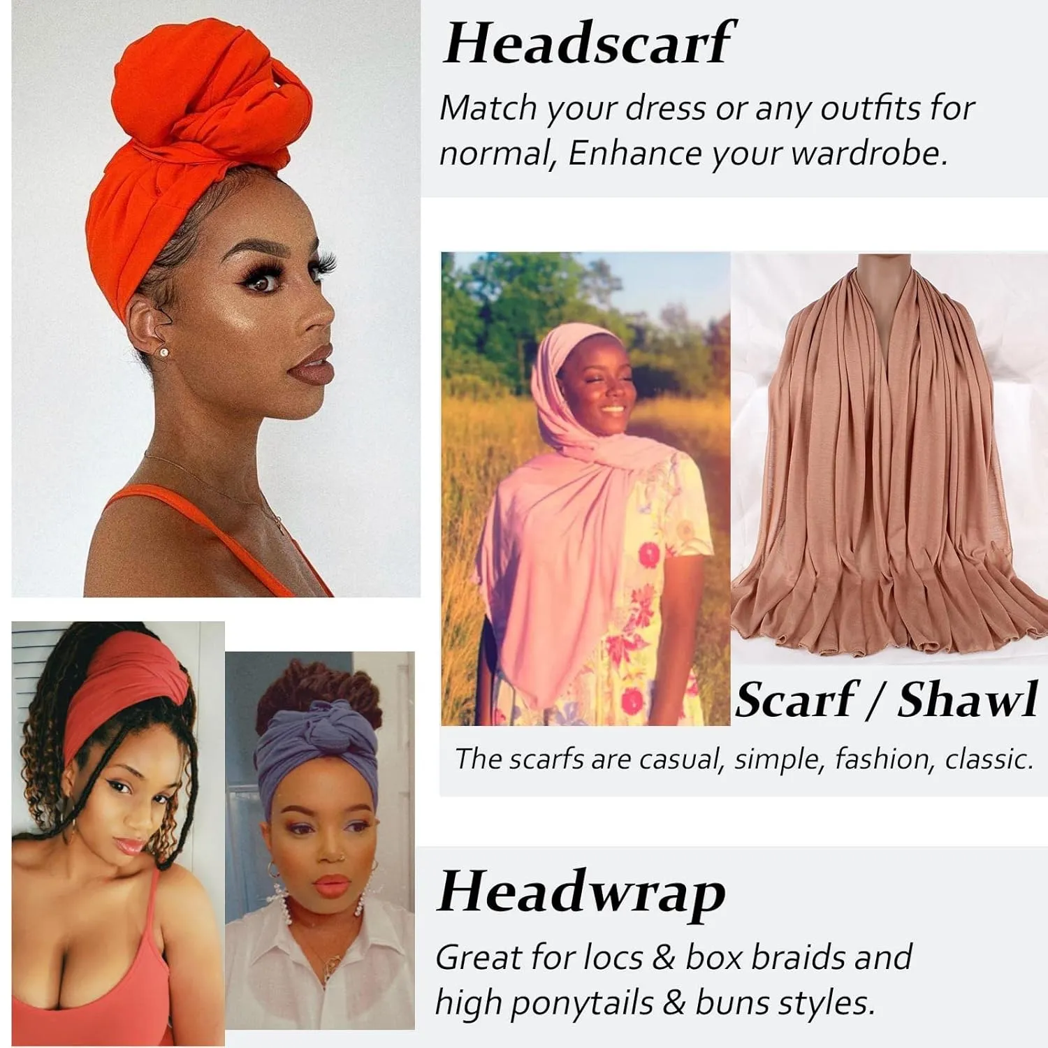 XTREND 4 Pieces Head Wrap Stretch Jersey Turban Bohemian Style Solid Color Extra Long Hair Scarf Soft Breathable African Knit Head Scarves Turban Tie for Women (Black, Camel, Army Green, Royal Blue)
