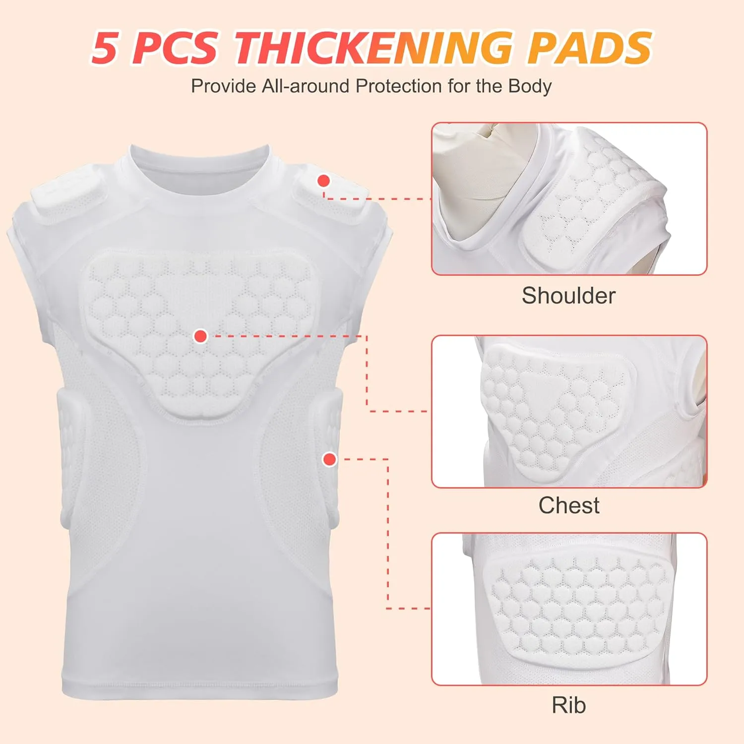 Youth Football Padded Shirt, Chest Rib Protector, Compression Padded Vest with 5-Pad for Sports Paintball Football Baseball Lacrosse